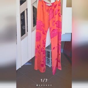 Ramona La Rue drawstring flare pant in bright orange and pink. Sz XS Lightweight